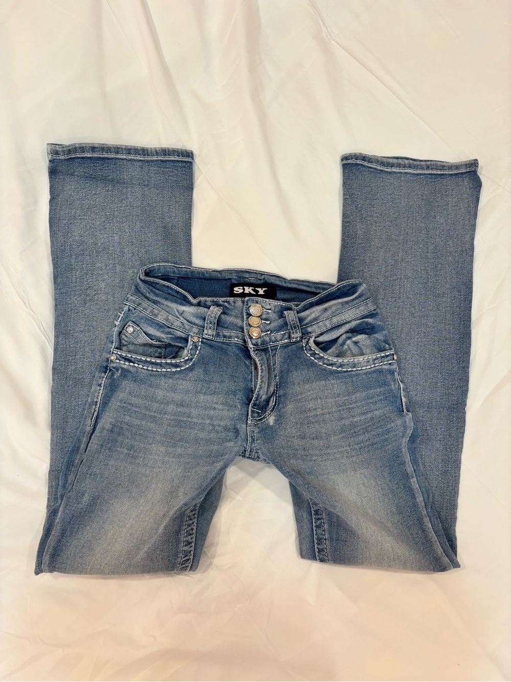 SKY Y2K Rhinestone Cross Low Rise Flare Jeans Size 3/4